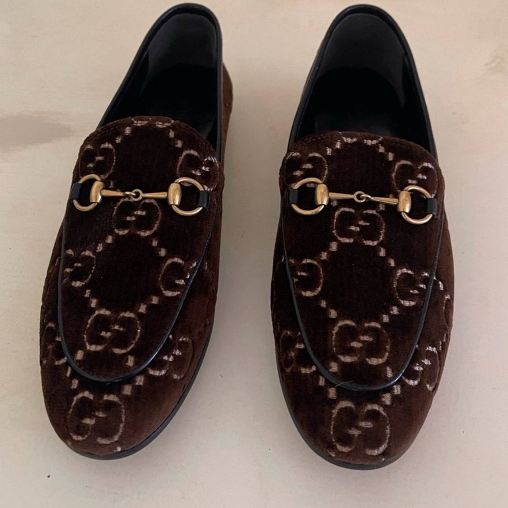 New Gucci Brown Velvet Horsebit Loafers with GG Motif (Limited Edition)